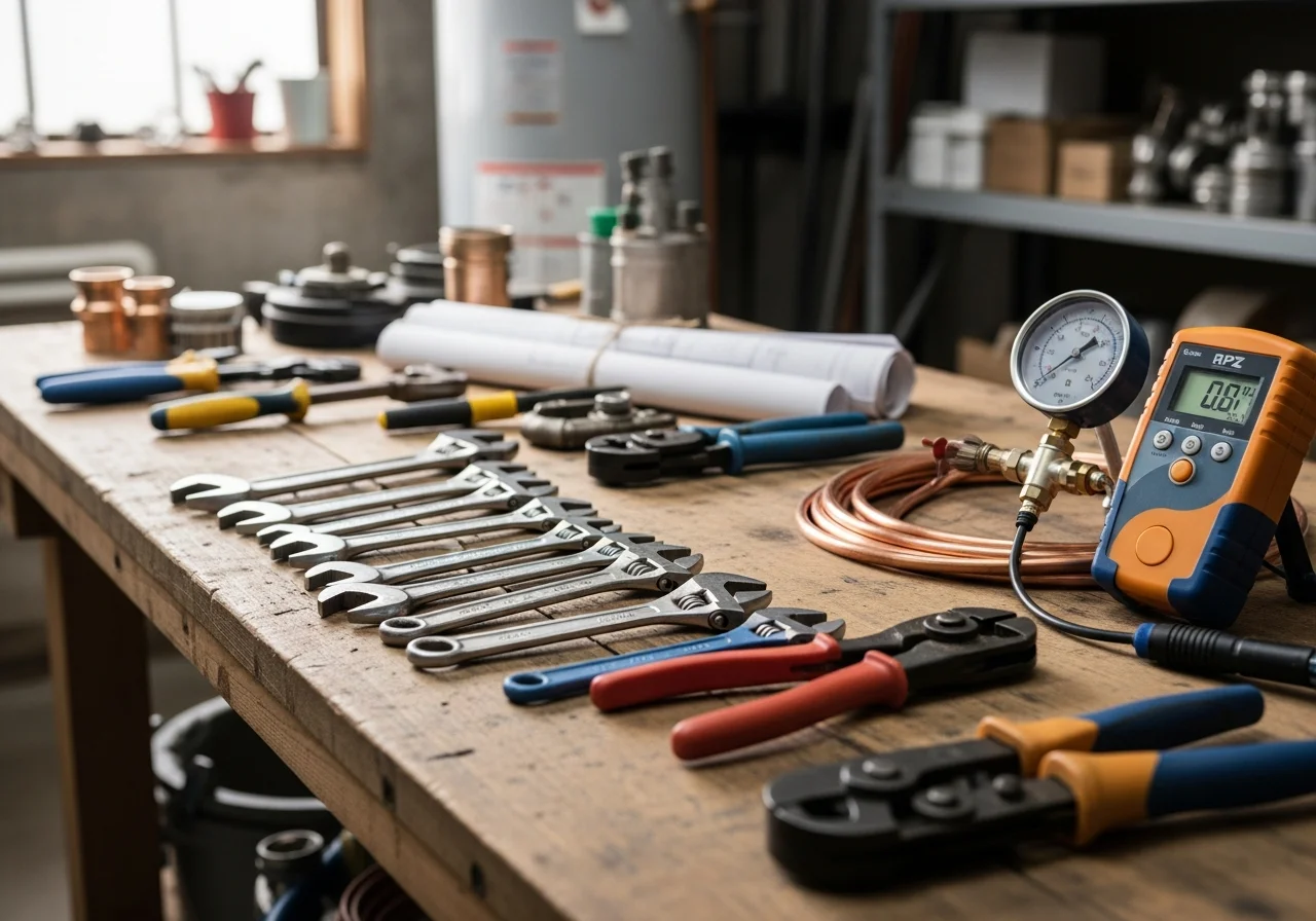 Plumbing tools and equipment arranged on a workbench, representing the trade expertise and service readiness of a residential plumbing contractor.