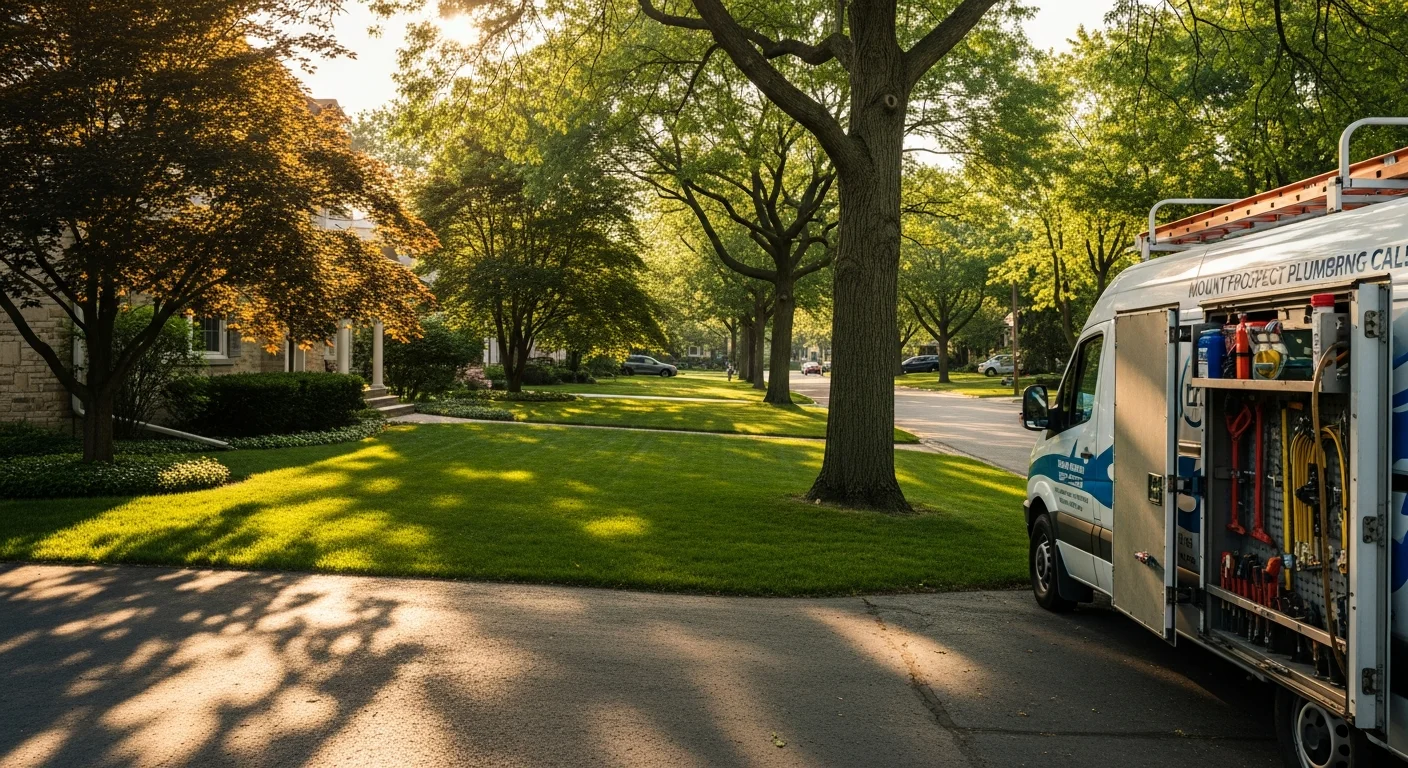 Tree-lined residential street in Mount Prospect with well-maintained single-family homes and manicured lawns.