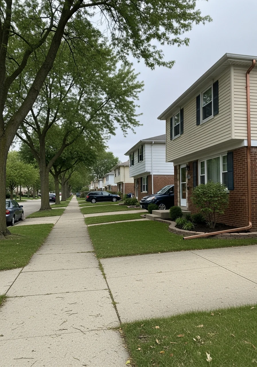 Skokie residential neighborhood with varied home styles and active street presence.