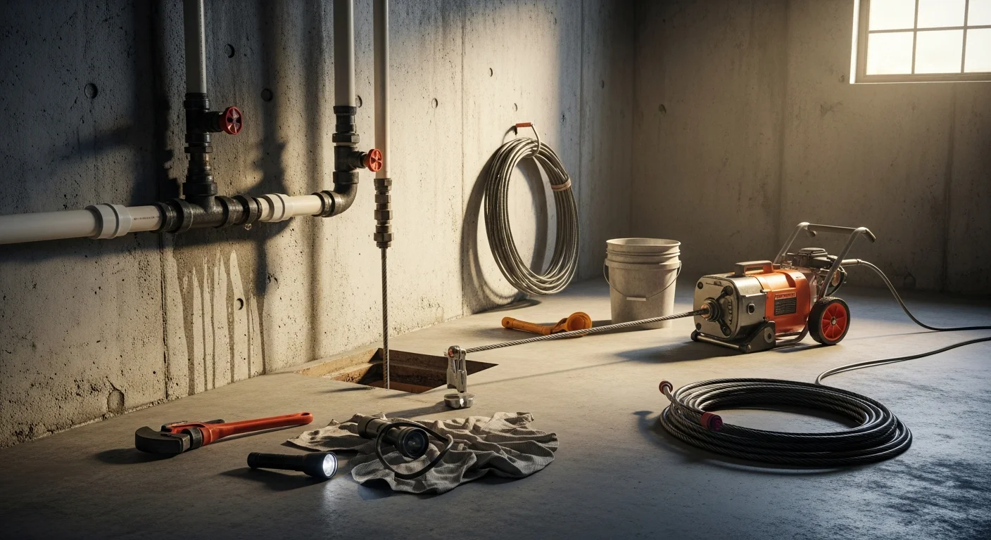 A plumber from RH Shudy Plumbing using a power rodder to clear a blocked main sewer line cleanout in the basement of a Mount Prospect, IL home. The floor drain and nearby pipes are visible in the background.