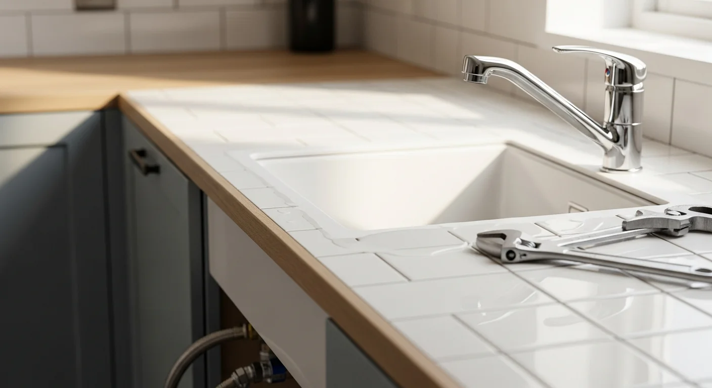 A licensed plumber from RH Shudy Plumbing installing a new kitchen faucet under a sink in a Mount Prospect, IL home. The finished faucet is seated flush against the sink deck with clean supply line connections visible below.