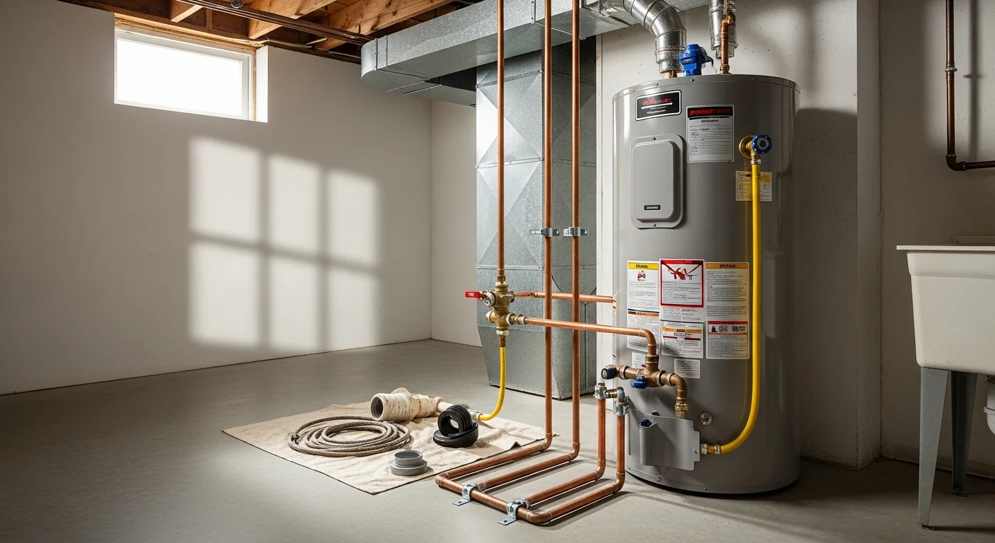 A licensed plumber from RH Shudy Plumbing completing a hot water heater installation in a basement utility room of a Mount Prospect, IL home. The new tank unit is connected to gas and water lines with the work area left clean.