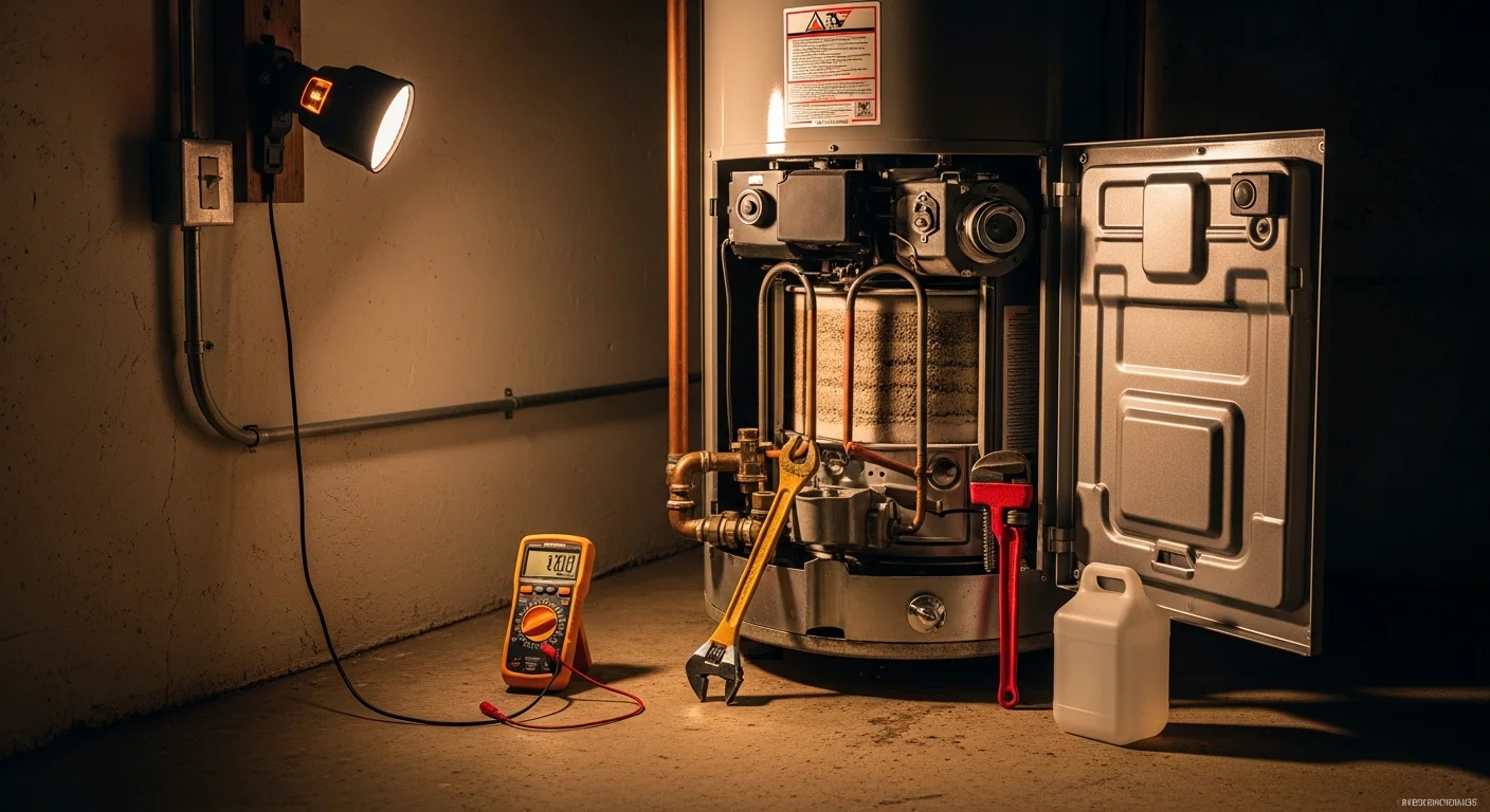 A licensed plumber from RH Shudy Plumbing inspecting a residential tank water heater in a Mount Prospect, IL home basement. The plumber is checking the pressure relief valve and connections on a gas water heater unit.