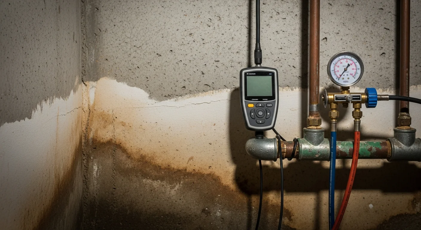 A plumber using acoustic leak detection equipment on a residential water supply line in a Mount Prospect, IL home. The image shows the technician working near an interior wall with no visible demolition to surrounding surfaces.