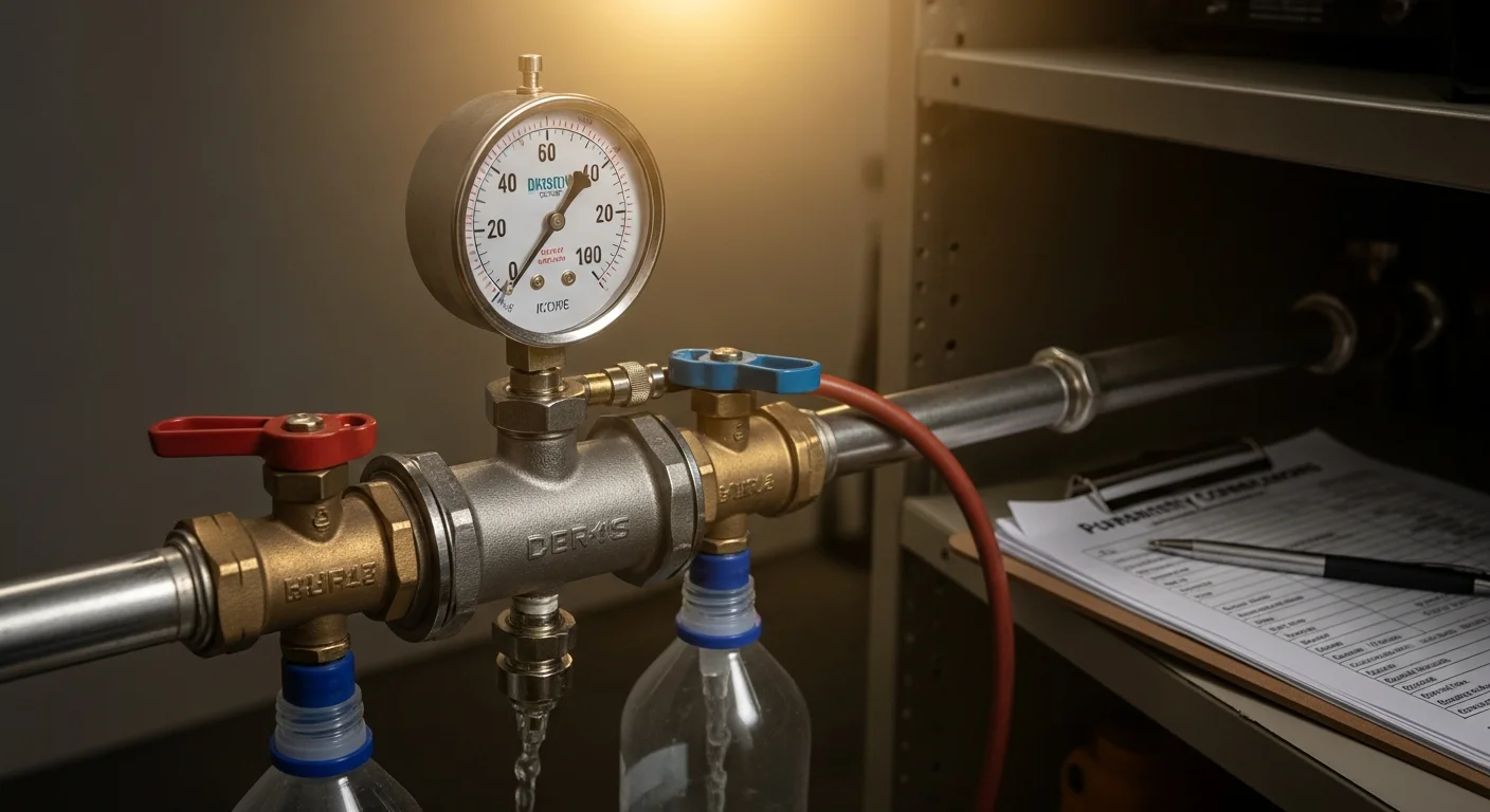 A certified plumber using a calibrated differential pressure gauge to test an RPZ backflow prevention assembly mounted on a residential irrigation line in Mount Prospect, IL. The assembly shows shutoff valves and test cocks in a typical exterior installation.