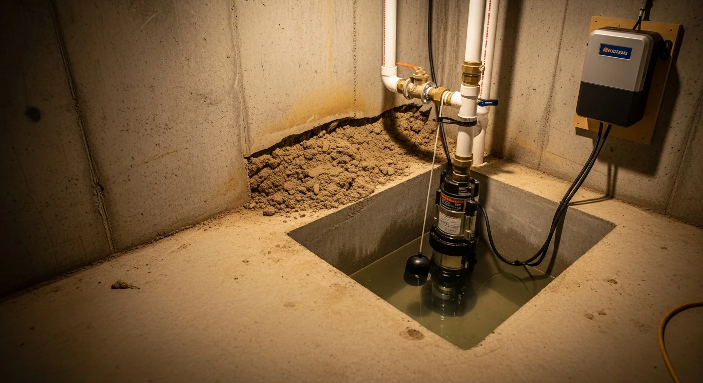A newly installed submersible sump pump sitting inside a clean concrete pit in a Mount Prospect basement, with a white PVC discharge line running up the wall and out through the foundation.