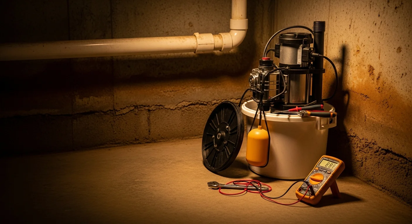 A licensed plumber inspecting a residential sump pump pit in a Mount Prospect, IL basement, checking the float switch and discharge line connection. The basement floor is dry and the pump is fully seated in a clean concrete pit.