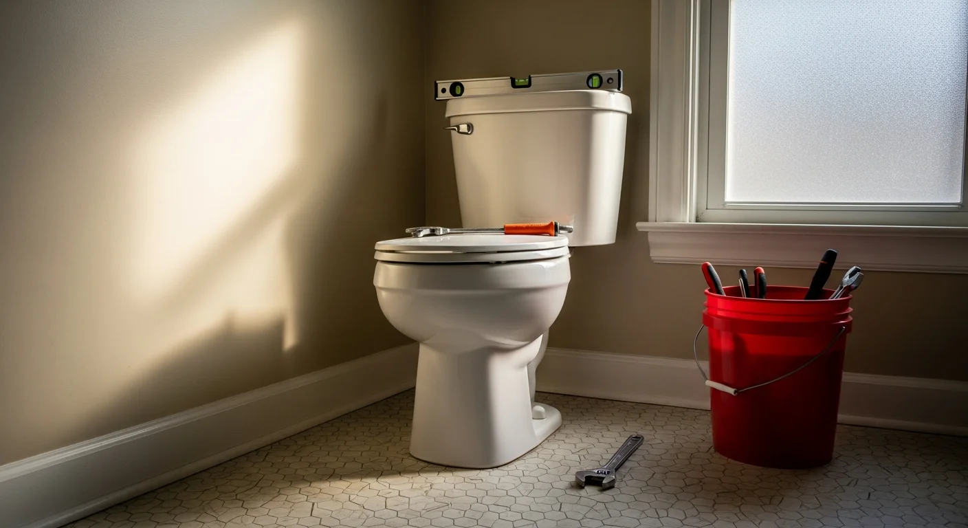 A newly installed white toilet in a clean bathroom inside a single-family home in Mount Prospect, IL. The floor connection and supply line are fully set, with no visible gaps at the base.
