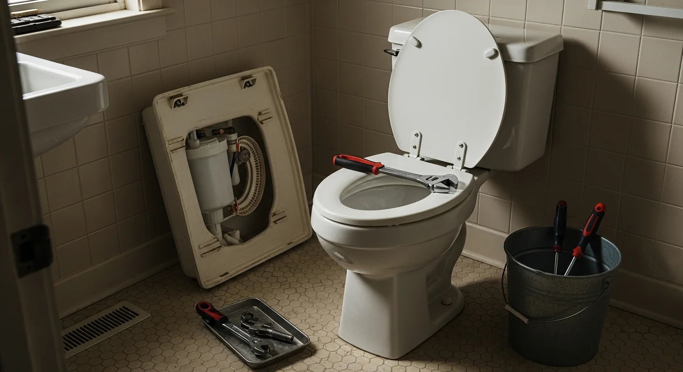 A licensed plumber inspecting the tank and base of a toilet inside a single-family home in Mount Prospect, IL. The repair focuses on a leaking wax ring and worn fill valve common in mid-century homes.
