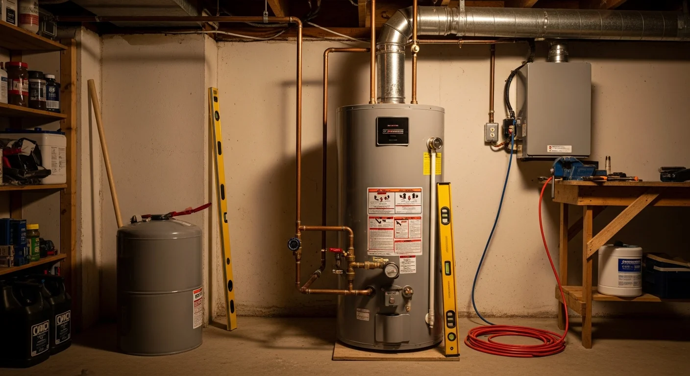 A licensed plumber installing a new tank water heater in the basement of a split-level home in Mount Prospect, IL. The new unit is connected to copper supply lines with proper venting in place.